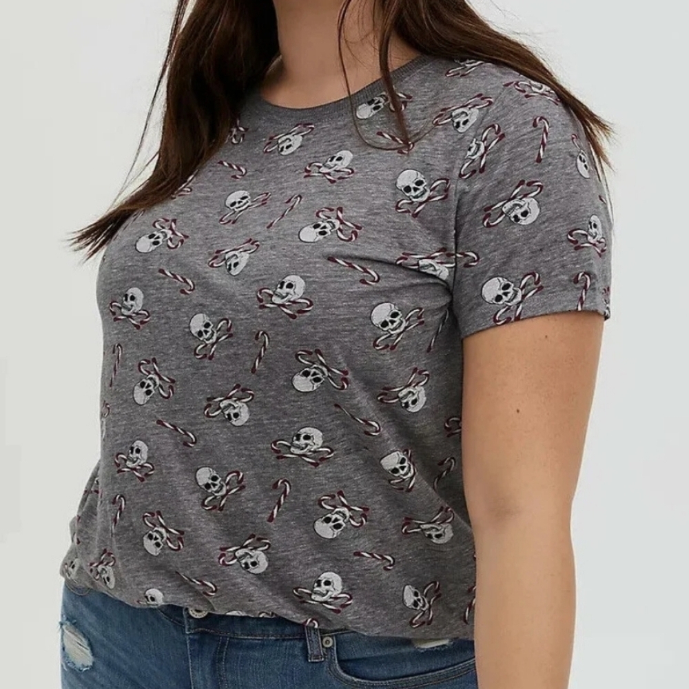 Torrid Classic Fit Crew Tee Skull Candy Cane Vintage Burnout Grey Plus Size 5X
